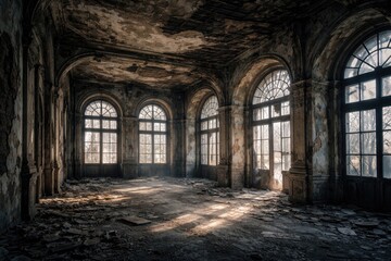 Obraz premium Empty historic structure with peeling paint and broken glass windows