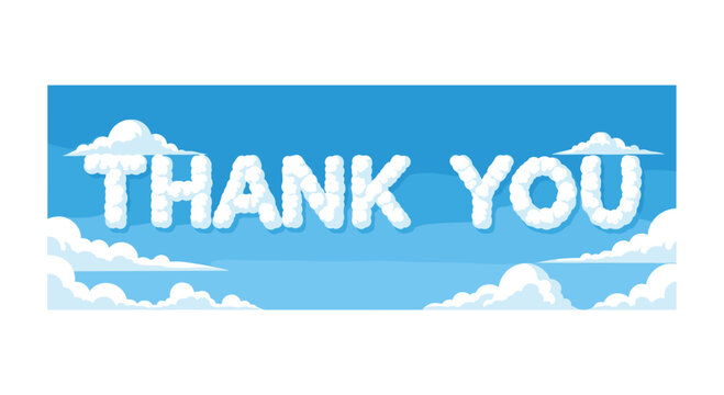 Meticulously crafted fluffy white cloud letters spelling out a grateful thank you message against a vibrant blue sky filled with soft cumulus formations.