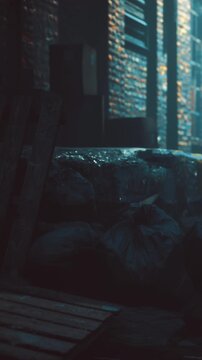 In a quiet urban setting, shadows dance around discarded bags as rainwater glistens on the pavement. The scene evokes a sense of mystery and solitude as night unfolds.