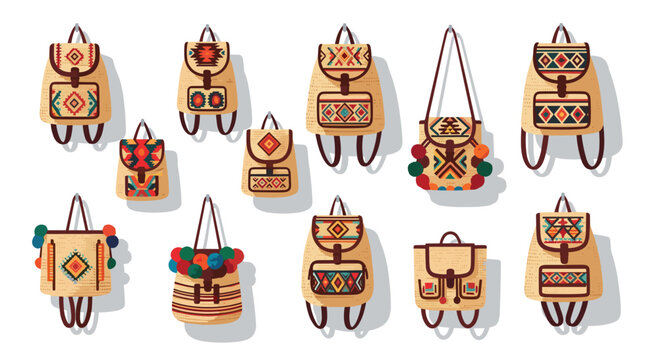 Various woven straw backpacks and shoulder bags decorated with intricate geometric ethnic patterns and vibrant pom-poms hang neatly against a soft beige background.