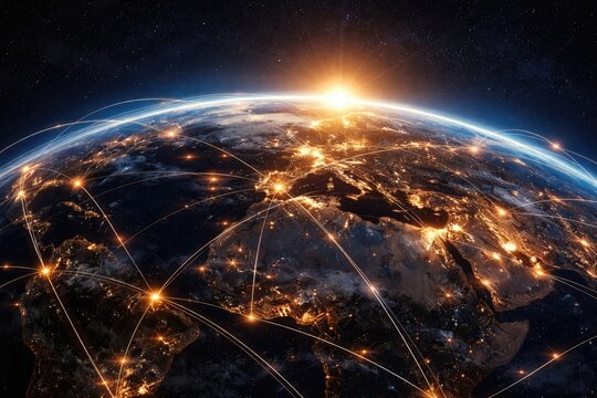 Illuminated Earth at night featuring city lights and a sunrise horizon with an authentic flight path network overlay