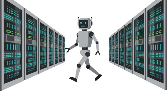 A grey humanoid robot walks purposefully through a vast data center corridor flanked by tall black server racks featuring vibrant green and blue lights.