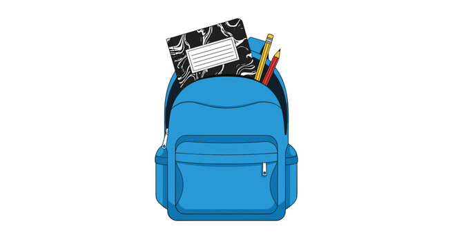 A vibrant blue school backpack holds a classic black marble composition notebook and two sharpened pencils against a clean and bright white background.