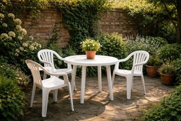 Fototapeta premium Serene garden setup featuring white plastic chairs and round table with potted plant near quiet brick wall