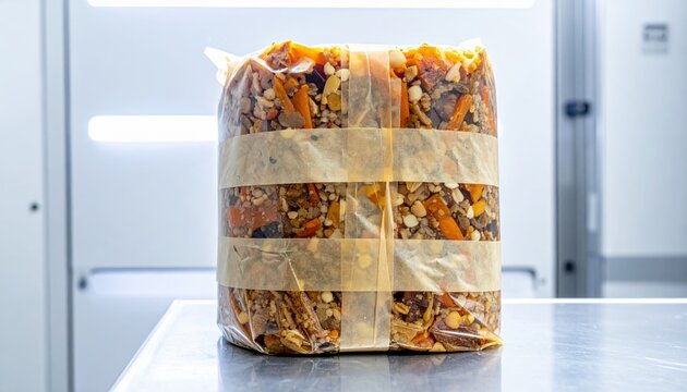 A tightly bundled package of carefully rationed dried food supplies secured with tape, showcasing preparedness for any situation.
