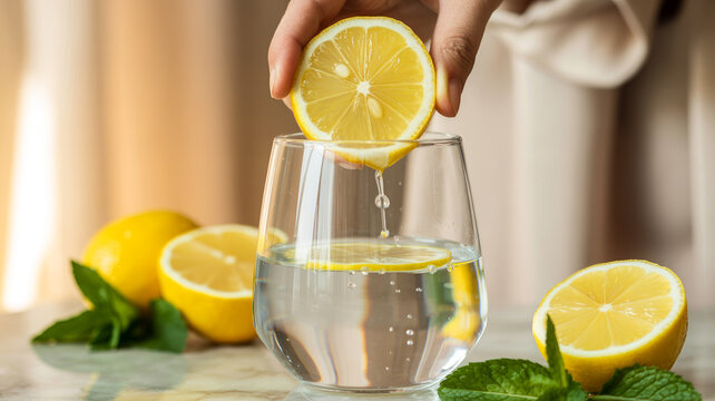 Refreshing Morning Routine of Squeezing Lemon Juice into Sparkling Water for Healthy Lifestyle