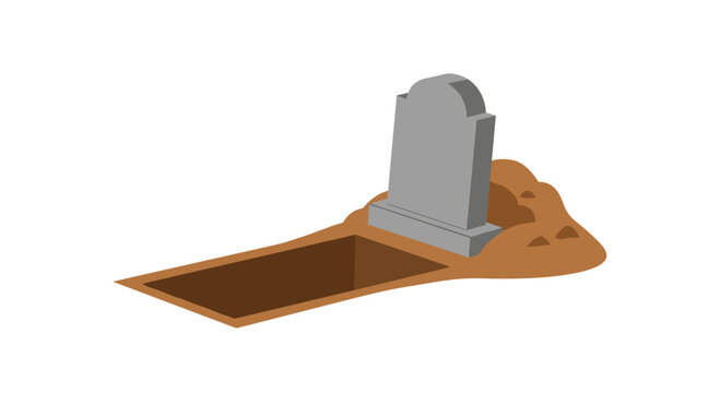 A grey headstone is partially buried within a mound of brown soil located at the head of a rectangular open grave against a white background.