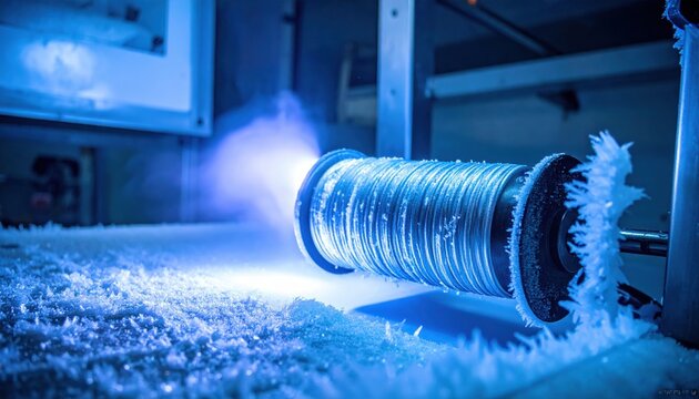 Intense blue light emanates from a glowing superconducting coil during a cryogenic process in advanced research.