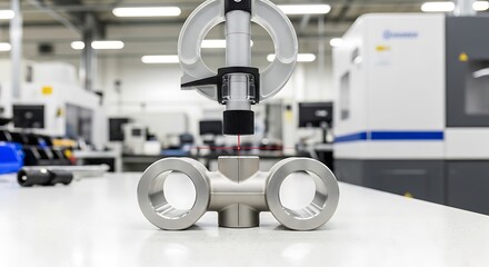 A metal valve sits on a white table in a modern industrial workshop with machinery in the background.