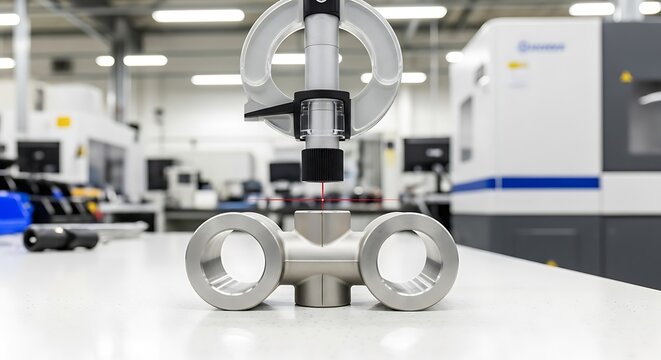 A metal valve sits on a white table in a modern industrial workshop with machinery in the background.
