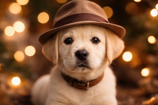 Adorable Labrador pup sporting a hat surrounded by soft bokeh lights