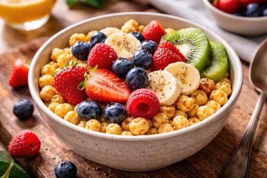 Nutritious corn puff cereal bowl topped with assorted fresh fruits encouraging wellness