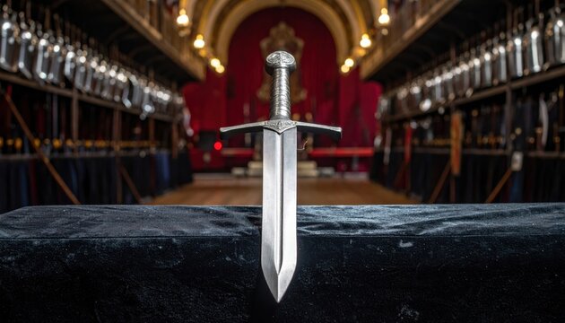 Gleaming silver replica of a medieval broadsword resting on dark velvet cushion in an ornate hall