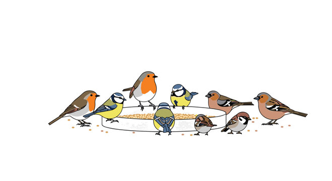 A diverse group of colorful garden birds including robins and blue tits are gathered around a shallow white circular feeding dish on a plain white background.
