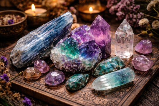 Assorted semi precious crystals including kyanite and fluorite for natural healing rituals