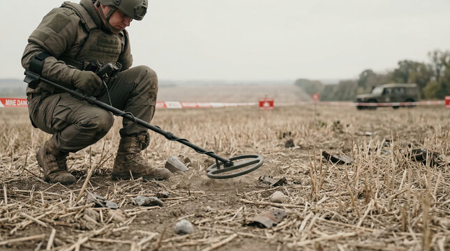 Soldier uses metal detector on a field during a mine clearance operation in a conflict area on a cloudy day