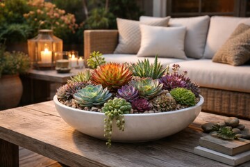 Fototapeta premium Tranquil patio scene with a white ceramic bowl holding a vibrant succulent garden