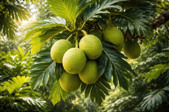 Breadfruit tree bearing ripe fruits in lush tropical greenery with vibrant foliage