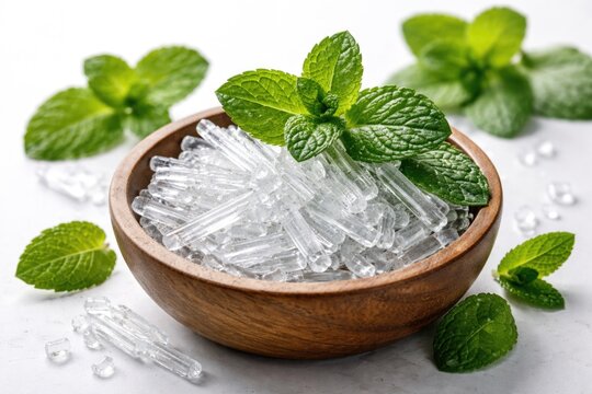 Close up of crystal menthol and peppermint leaf in bowl with white backdrop
