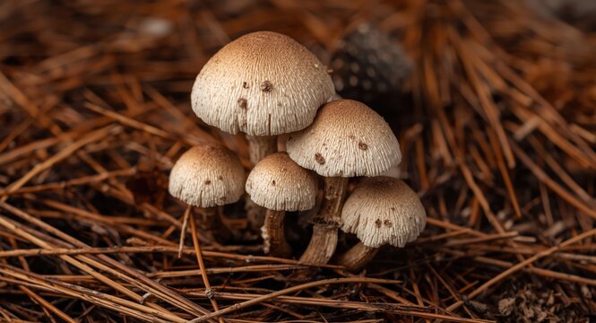 Rustgill mushrooms in detail with pine needle texture background