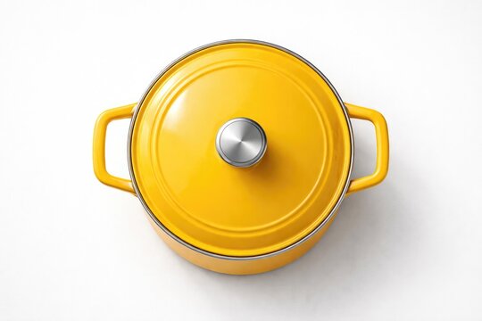 yellow kitchen pot viewed from above placed on a smooth white backdrop
