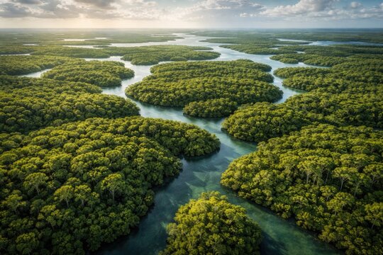 High altitude conceptual AI image showing vast mangrove tree coverage