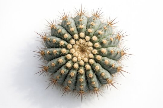 Detailed overhead shot of Copiapoa Cinerea cactus captured against a bright white surface