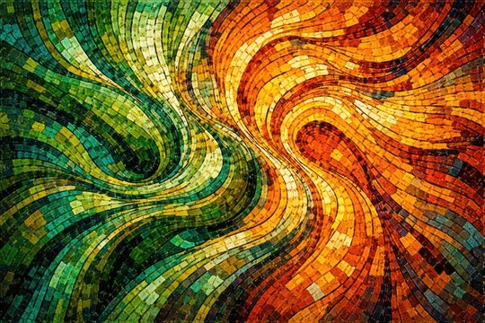 colorful square mosaic painting showcasing abstract green and orange patterns created by AI