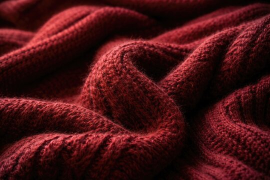 Warm winter apparel concept featuring a detailed view of claret red knitted wool fabric with soft texture