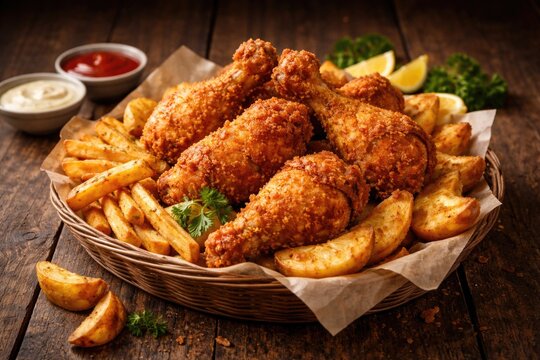 Deep fried broasted chicken served with golden potato sides and copy space
