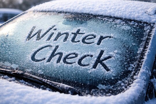 Winter check handwritten on icy car windshield with fresh snow