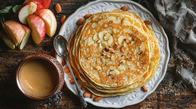 Golden cajeta crepes stack with caramel drizzle and cashew garnish on decorative white plate, copper bowl with warm cajeta sauce and ornate spoon on rustic wood