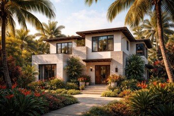 Fototapeta premium Concrete block and stucco country house amidst lush palm trees and vibrant flora