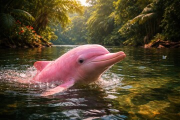 Fototapeta premium Natural habitat scene featuring vibrant pink dolphin in tropical river