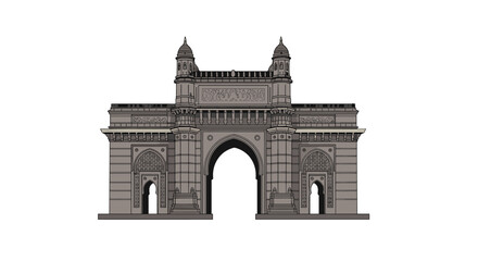 Obraz premium The historic Gateway of India monument in Mumbai stands with majestic architectural grandeur featuring intricate stone carvings and grand arches against a white background.