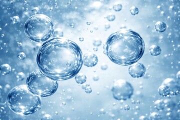 Fototapeta premium Studio shot of macro translucent blue bubbles in water illustrating hygiene and effervescent energy