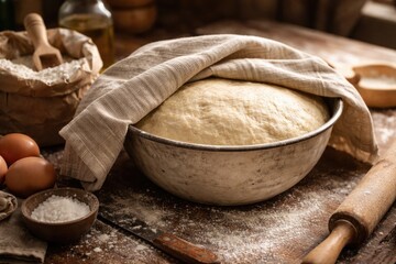 Fototapeta premium Homemade baking concept with raw dough covered by a towel in a mixing bowl on a flour-dusted wooden table