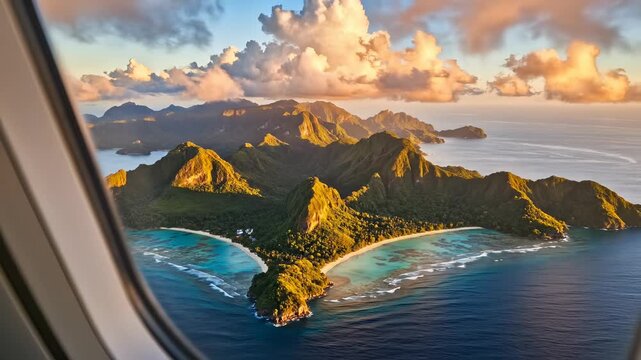 Aerial view of tropical island landscape. Vibrant mountains surround beautiful beaches and clear waters. Stunning sunset colors create serene atmosphere. Nature showcases breathtaking beauty.