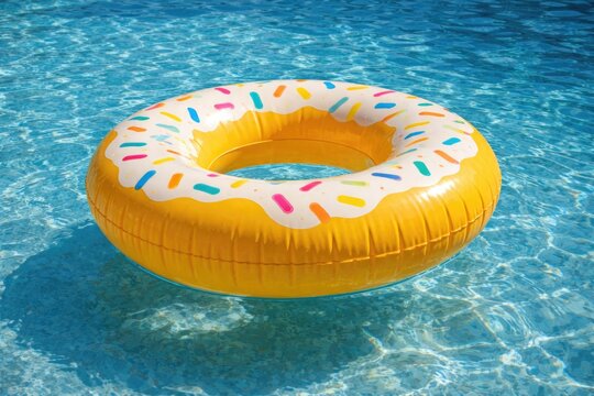 Sunny yellow pool float shaped like a donut drifting in clear water