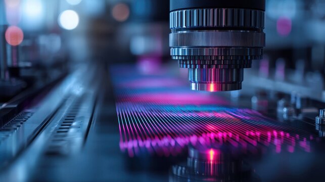 Laser wavelength splitting diffraction grating creating vibrant spectrum interference patterns on optical surface precision scientific instrumentation technology demonstration