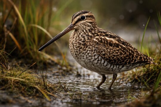 Shorebird Wilsons Snipe showing cryptic mottled feathers in moist marsh setting
