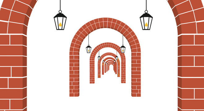 A rhythmic sequence of classic red brick arches creates a deep perspective tunnel featuring elegant black hanging lanterns against a white background.