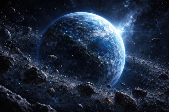 Blue protoplanet Pandora surrounded by asteroid belt and space debris in deep universe