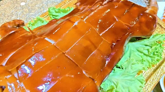 BBQ Roasted Suckling Pig with Crispy Skin, Cantonese Hong Kong Food Cuisine, Pork Meat Cooking, Chinese Banquet Feast Menu, Panning Shot