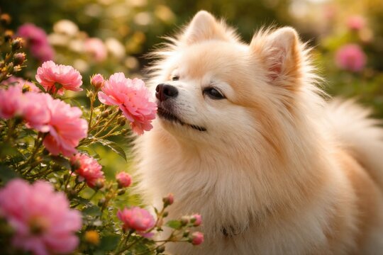 German Spitz Ellie delightfully sniffing fragrant blooms in the bright garden