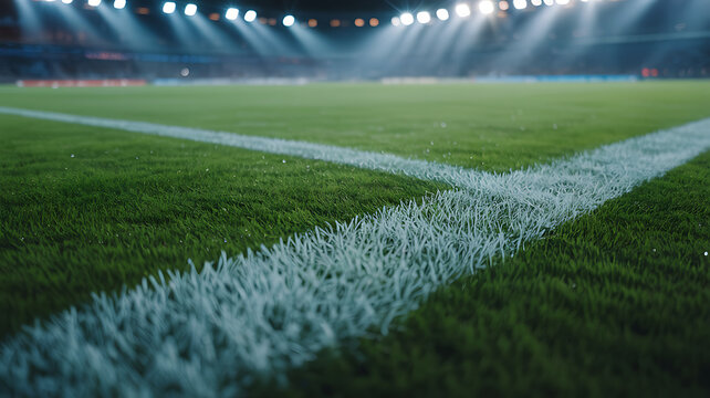 A green soccer field with white lines at night