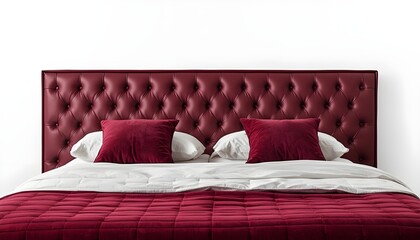 Fototapeta premium A luxurious red bed with a tufted headboard and matching bedding against a white background