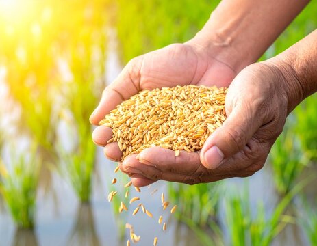 hands holding a large quantity of paddy,