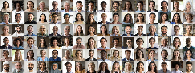 Variety for global harmony. Collage combining portraits happy people from diverse ethnic backgrounds age genders professions. Life medical insurance company database. Wide panorama for website banner © fizkes
