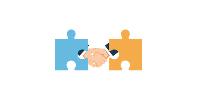 A firm handshake takes place within the central interlocking space between two vibrant blue and orange jigsaw puzzle pieces against a white background.